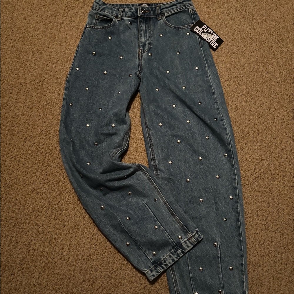 Future Collective Barrel Cut Embellished Blue Jeans